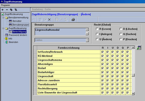 Screenshot: Liegenschaftsverwaltung - Rechteverwaltung